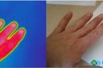 Wizyjne i termowizyjne zdjęcie dłoni osoby niepalącej. Najczęściej u osób niepalących cała dłoń (łącznie z palacami) ma jednolitą temperaturę.
