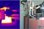 Wizyjne zdjęcie i termogram z audytu termograficznego w zakładzie przemysłowym - pracujący transformator.